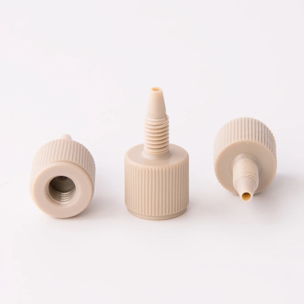 Adapter, PEEK, 10-32 male conical to M6 female Flat-Bottom, thru bore 0.4mm, maximum pressure 69bar, ea.