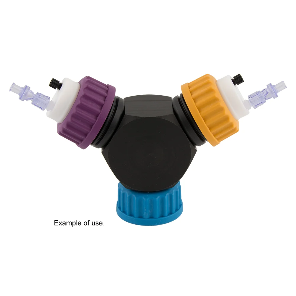 Safety-Adapter, Polypropylene (PP HD), GL-45 Y-2-in-1, (1x GL-45 (female thread) to 2x GL-45 (male thread), ea. with Safety Caps