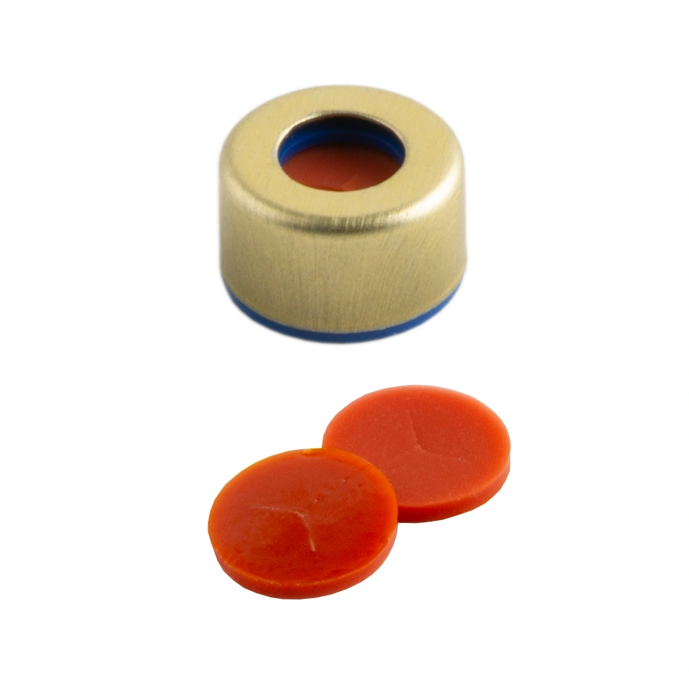 PAL System Screw Cap 2CV, designed for the PAL Autosampler. ND9, Magnetic, Gold, Silicone/Polyimide, Red /Red color, Y-Slit, PFAS-free Septa 1.0 mm, pk.100