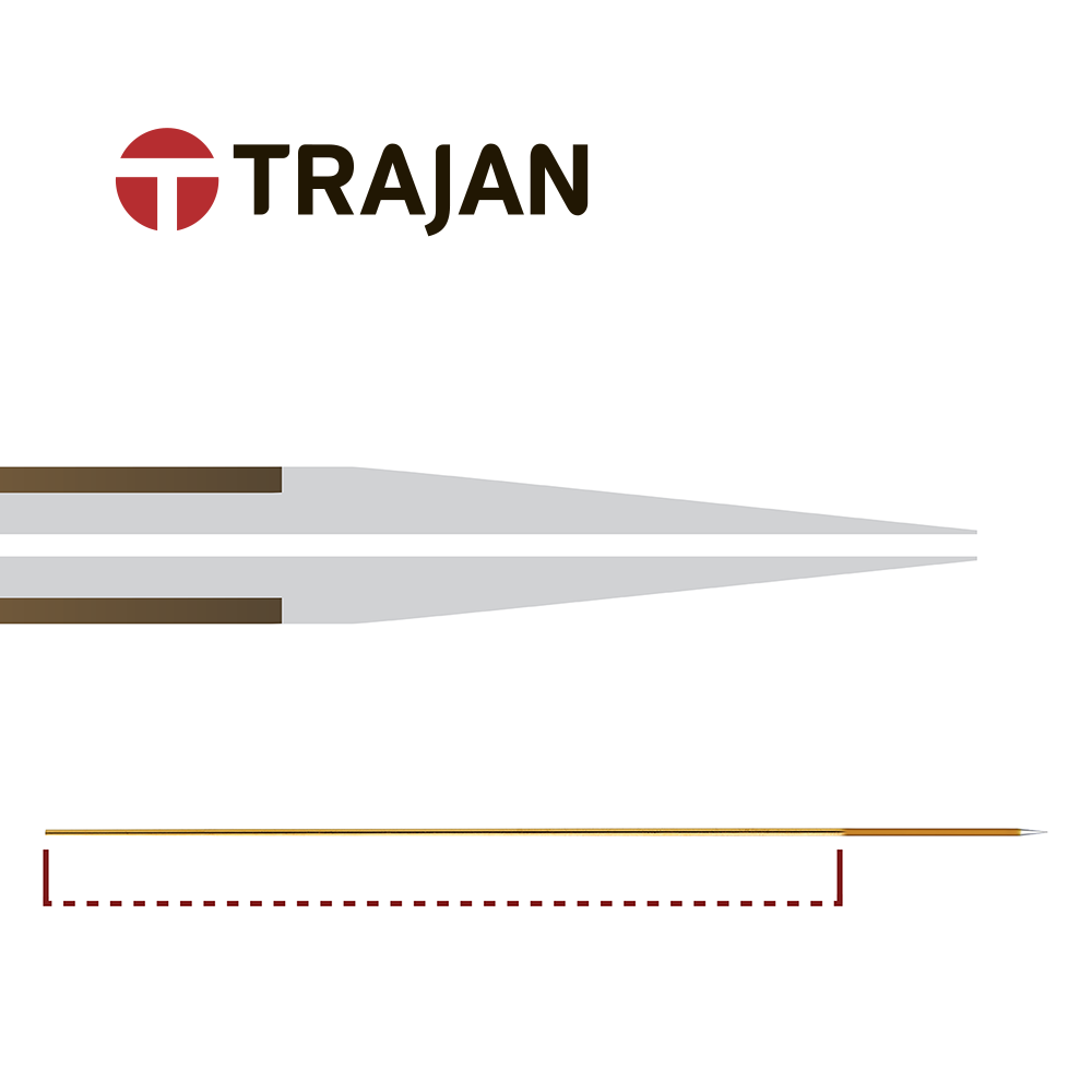 Trajan Constant Bore (CB) Emitter for LC-MS, Fused Silica (Quartz) with Polyimide coating, Tapered Tip, Gold distal coated (GDC), 360µm OD x 20µm ID x 50mm length, 13° Tip angle, pk.5
