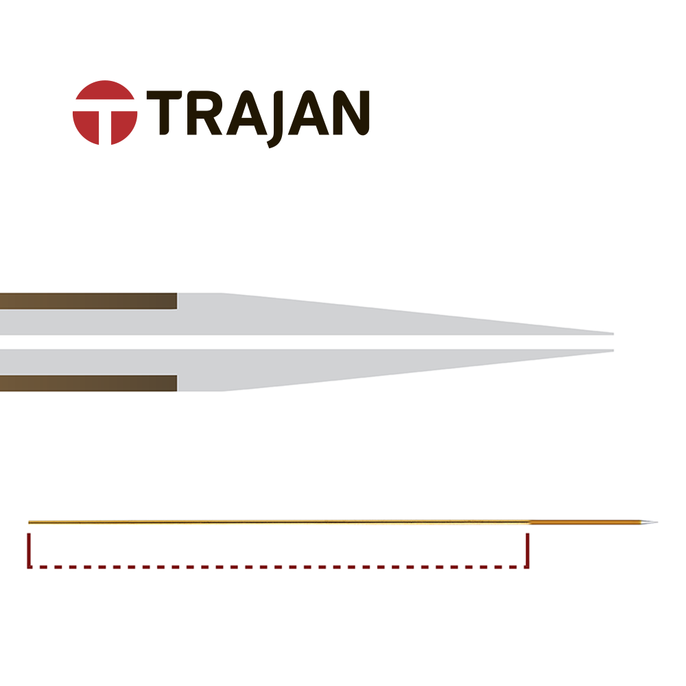 Trajan Constant Bore (CB) Emitter for LC-MS, Fused Silica (Quartz) with Polyimide coating, Tapered Tip, Gold distal coated (GDC), 360µm OD x 10µm ID x 50mm length, 13° Tip angle, pk.5