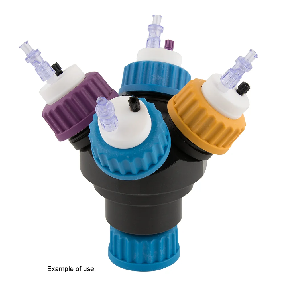 Safety-Adapter, Polypropylene (PP HD), GL45 4-in-1, (1x GL45 (female thread to Bottle/Canister) to 4x GL45 (male thread to Safety-Cap/Waste-Cap), ea. with Safety Caps