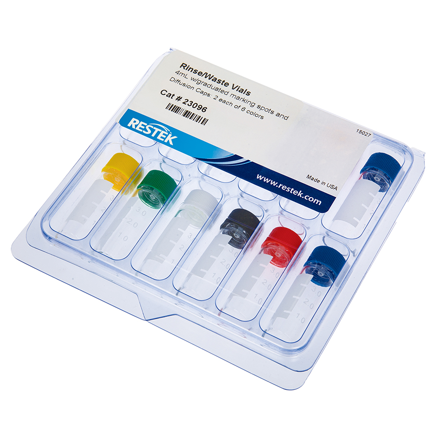 Rinse/Waste Vials 4mL w/graduated marking spots and Diffusion Caps: 2 each of 6 different colors for