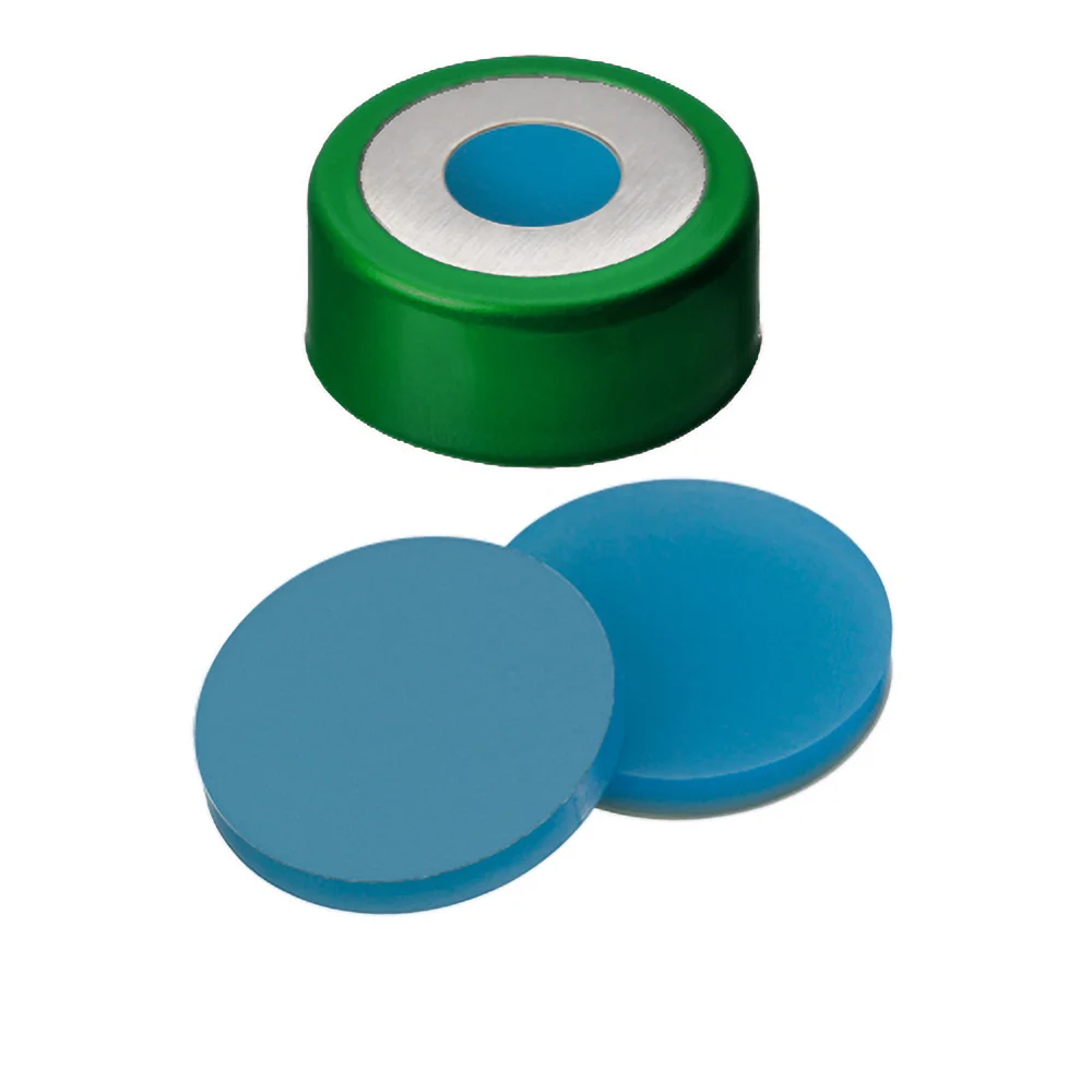 20mm Magnetic Bimetall-Crimp Cap (8mm hole), Green/Silver, Septa Silicone/PTFE, pk.100