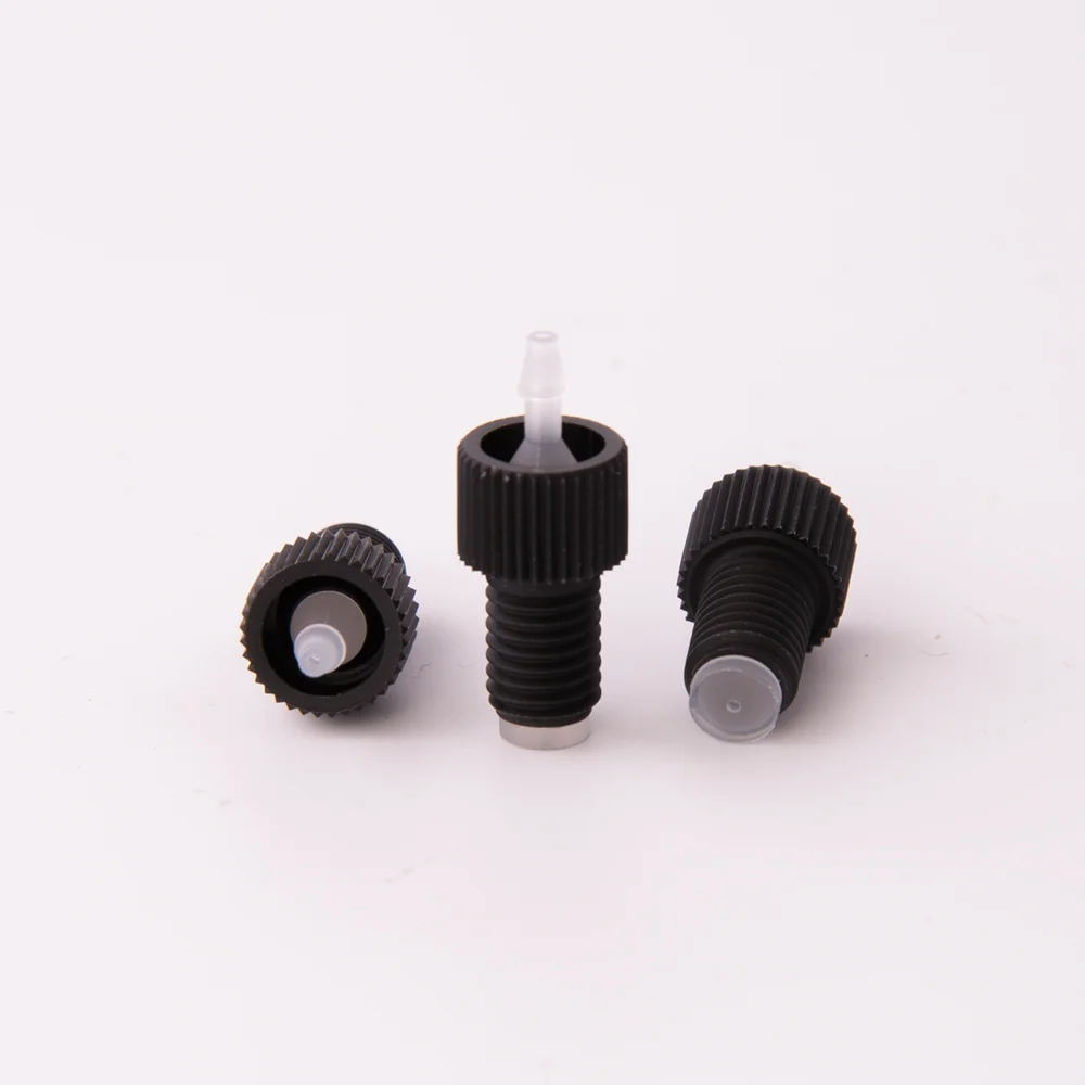 Adapter, Polypropylene (PP), 1/4"-28 male Flat-Bottom to Barbed, No-Twist-One-Piece, for Tubing with 1/16" ID, thru bore 0.75mm, pk.5