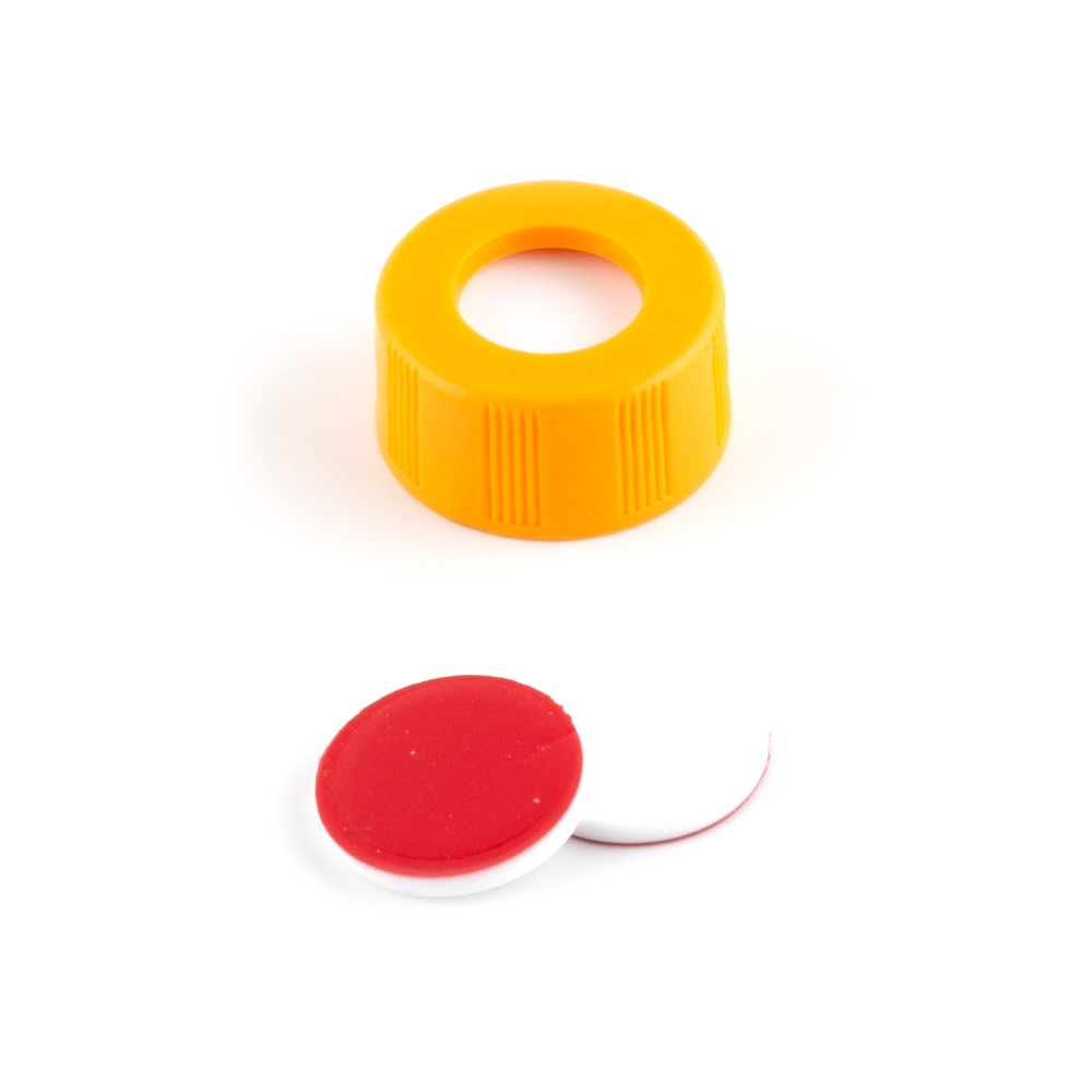ND9 Short Thread Screw Caps (orange) w/Septa Silicone/PTFE, pk.100