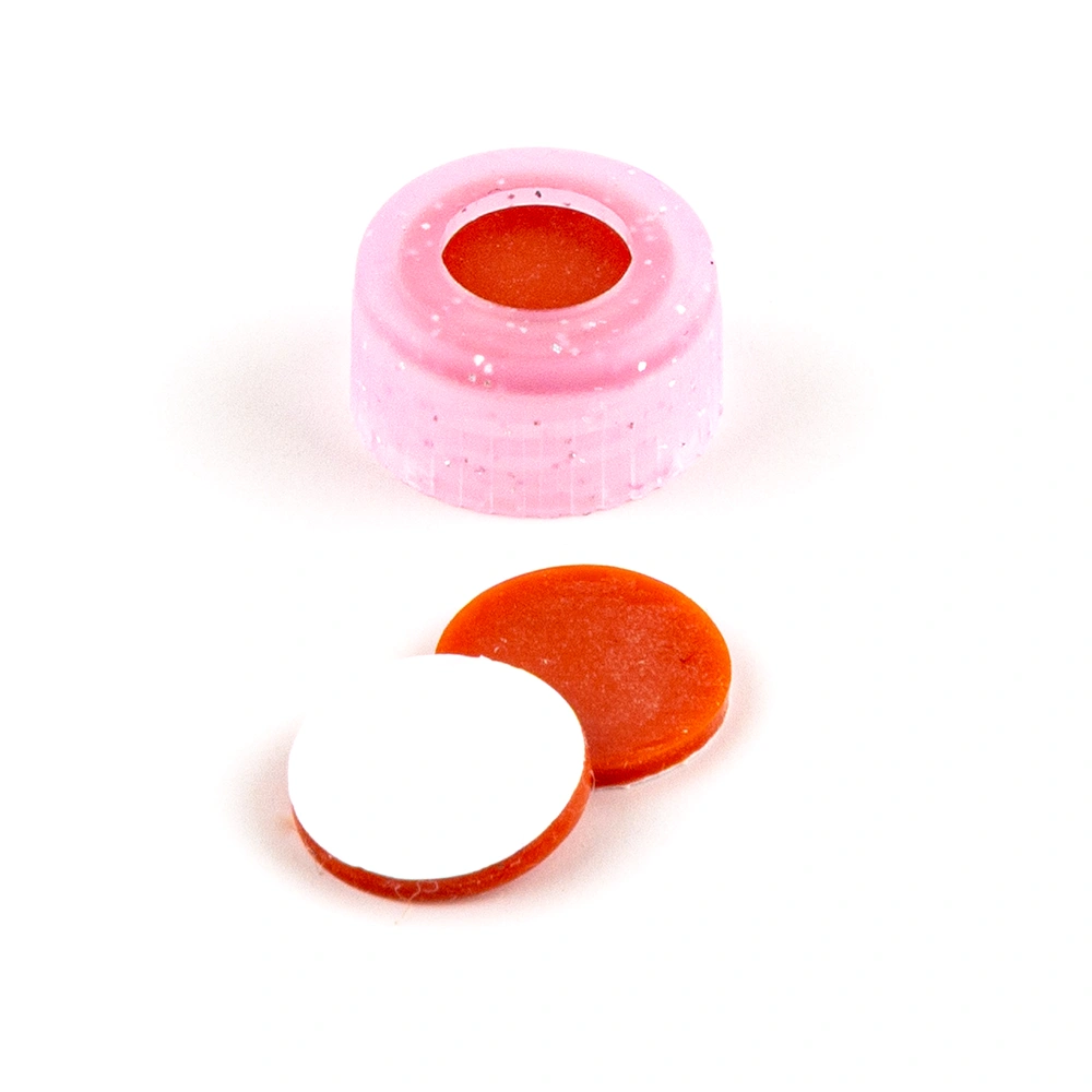 ND9 Short Thread Screw Caps (pink) with Septa Silicone Rubber/PTFE, pk.100