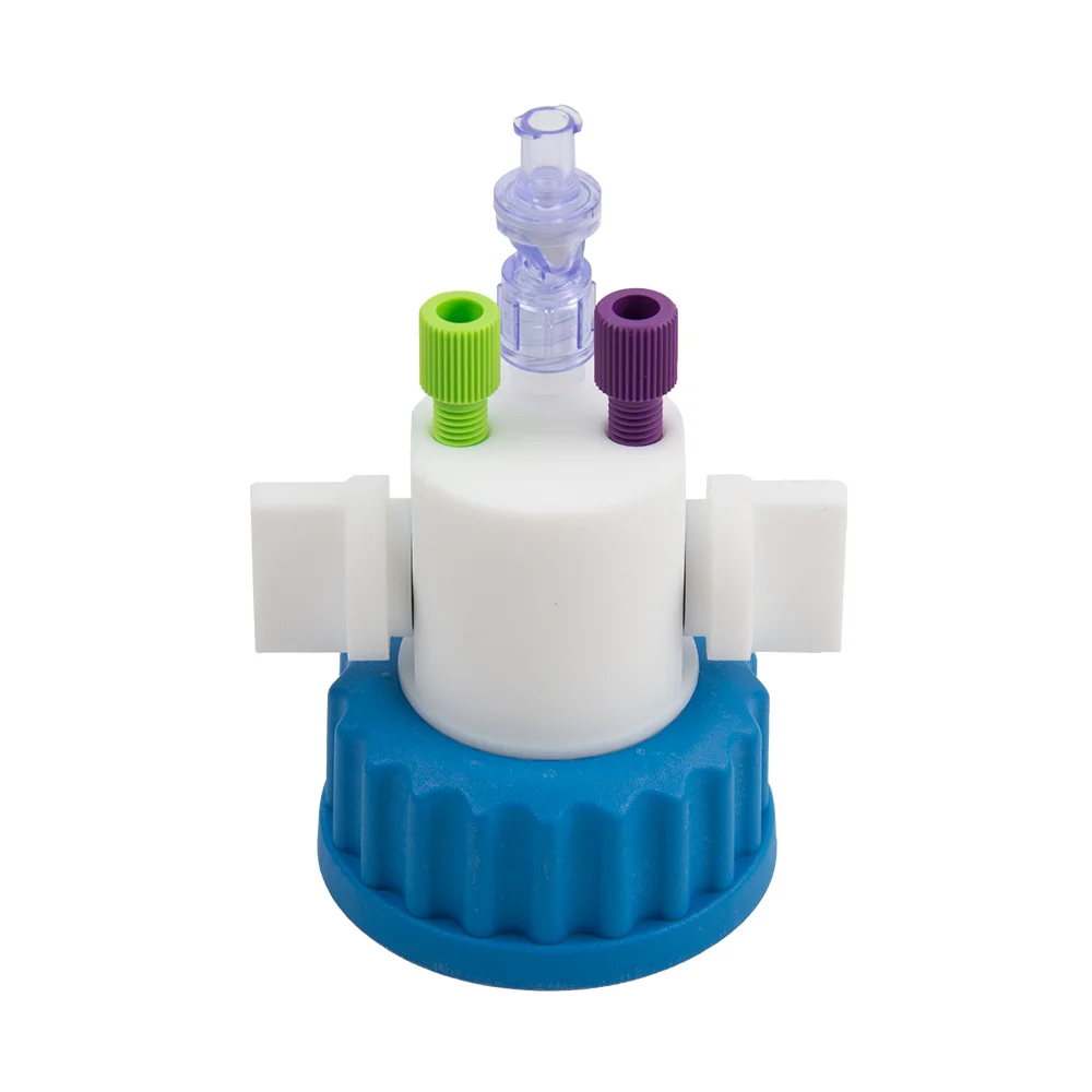 Safety-Cap GL45, Blue, 2x 1/8"-Tubing Port with Lock, 1x Air Inlet Valve, ea.