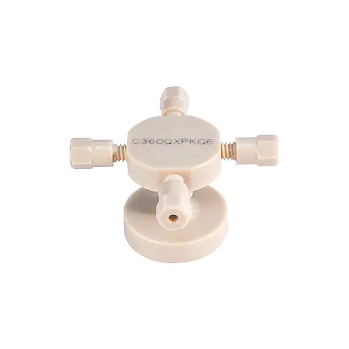 Cross, PEEK, 2-56 conical Thread, thru bore 100µm, for 360µm OD Fused Silica & PEEK Tubing, maximum pressure 690bar, ea.