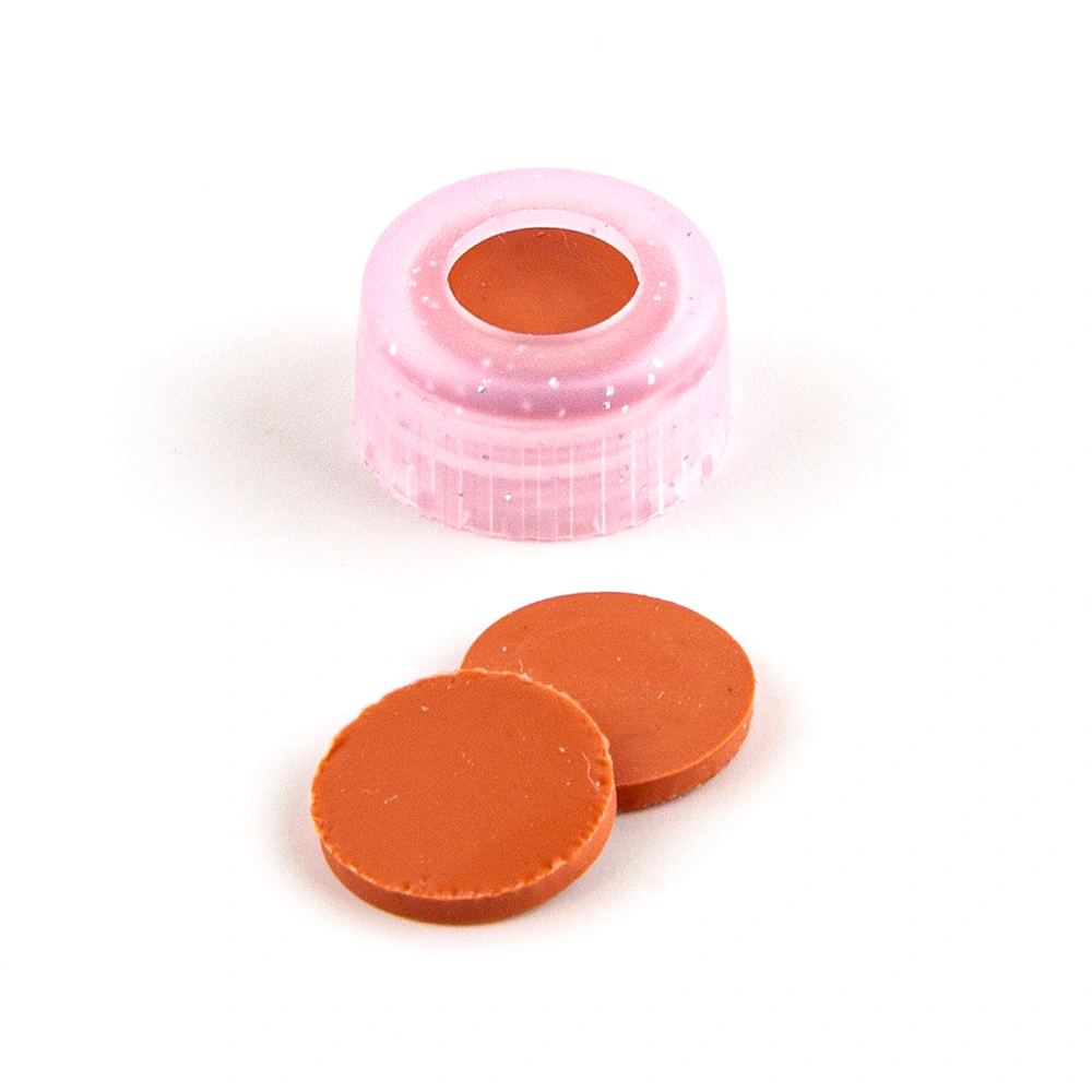 ND9 Short Thread Screw Caps (pink) with Septa Natural Rubber/TEF, pk.100
