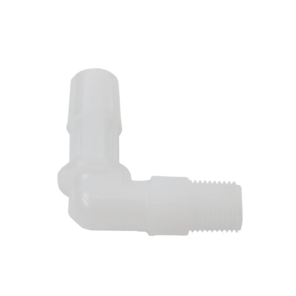 Barbed Tubing Port Fitting, Polypropylene (PP), 90° Angled, for Tubing ID 9.0-11.0mm, ea.