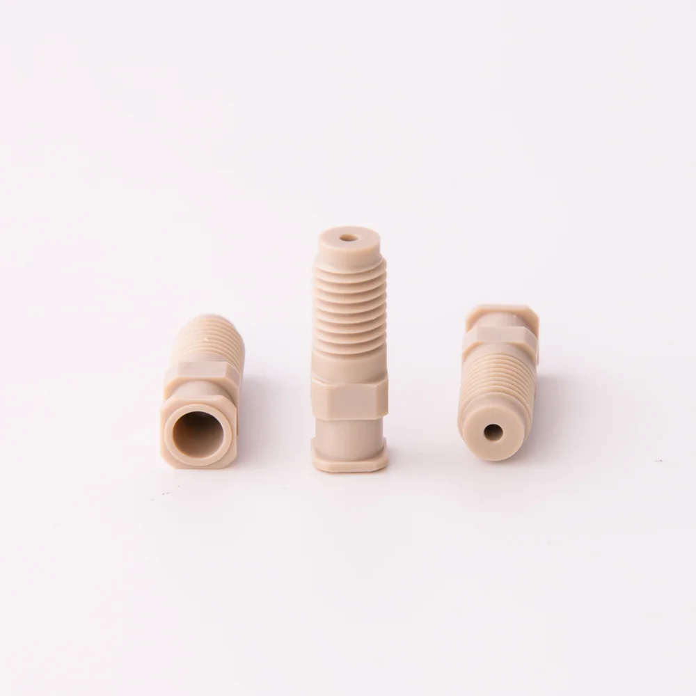 Adapter, PEEK, 1/4"-28 male Flat-Bottom to Luer female, thru bore 1.5mm, ea.