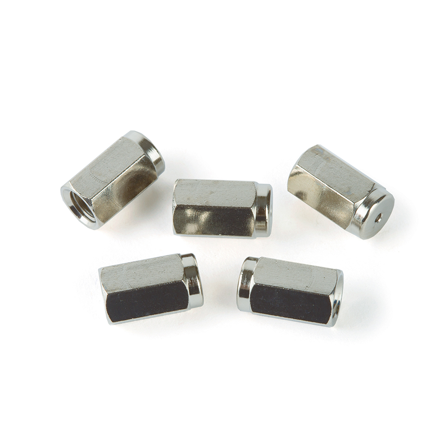 MS Interface Nut Brass (nickel plated), 1/16" x 1.2mm hole (extended), works with Thermo ISQ, 5-pk.