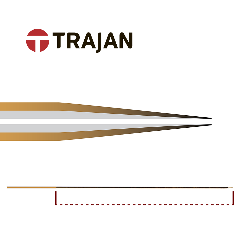 Trajan Constant Bore (CB) Emitter for LC-MS, Fused Silica (Quartz) with Polyimide coating, Tapered Tip, Gold distal coated (GDC), 360µm OD x 10µm ID x 50mm length, 13° Tip angle, pk.5