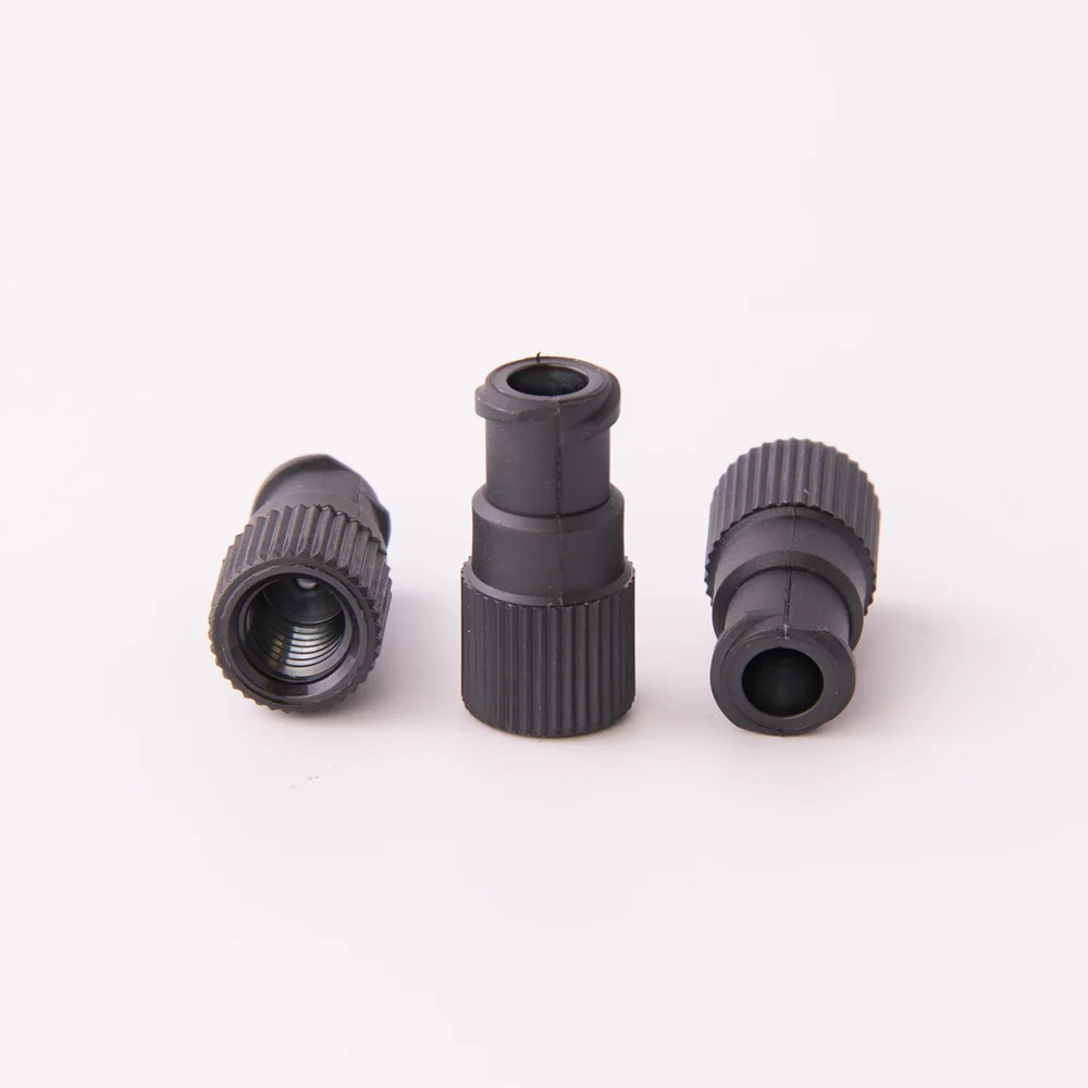 Adapter, PEEK, M6 female Flat-Bottom to Luer Lock female, thru bore 1.3mm, ea.