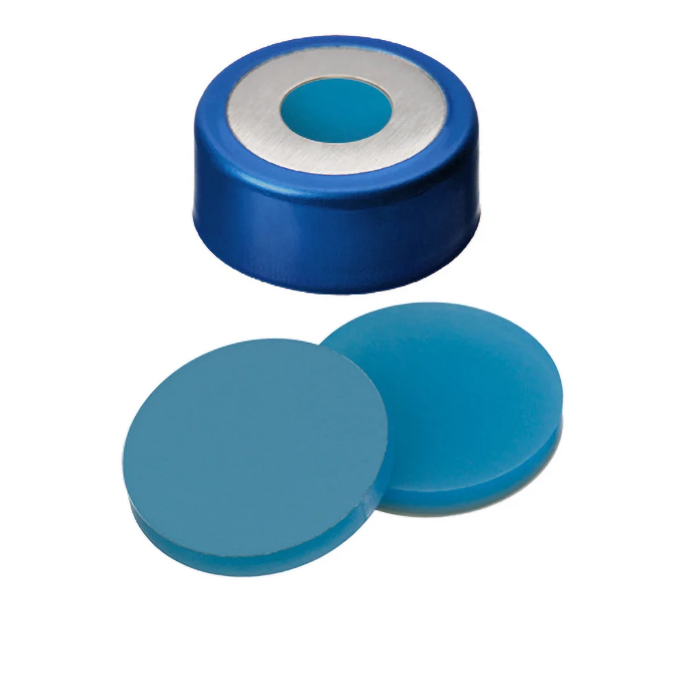 20mm Magnetic Bimetall-Crimp Cap (8mm hole), Blue/Silver, Septa Silicone/PTFE, pk.100