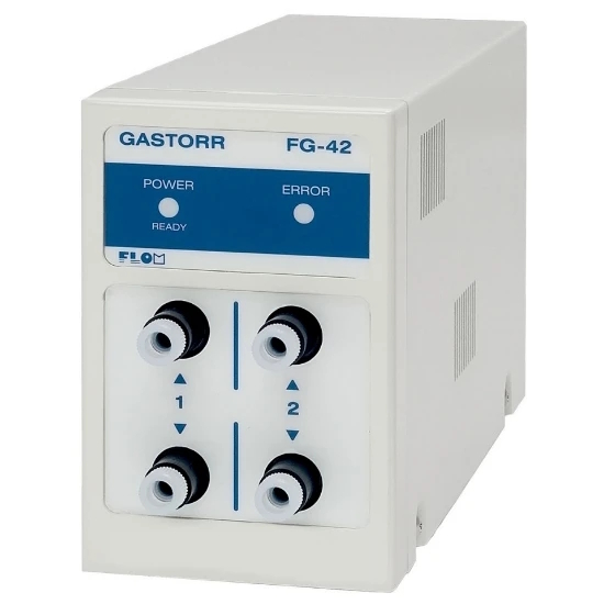 Flom Degasser Gastorr FG Series, 2-Channel, 1/4-28UNF Flat-Bottom Port, 10ml PTFE AF, 5ml/min/Channel, for fluorinated solvents, ea.